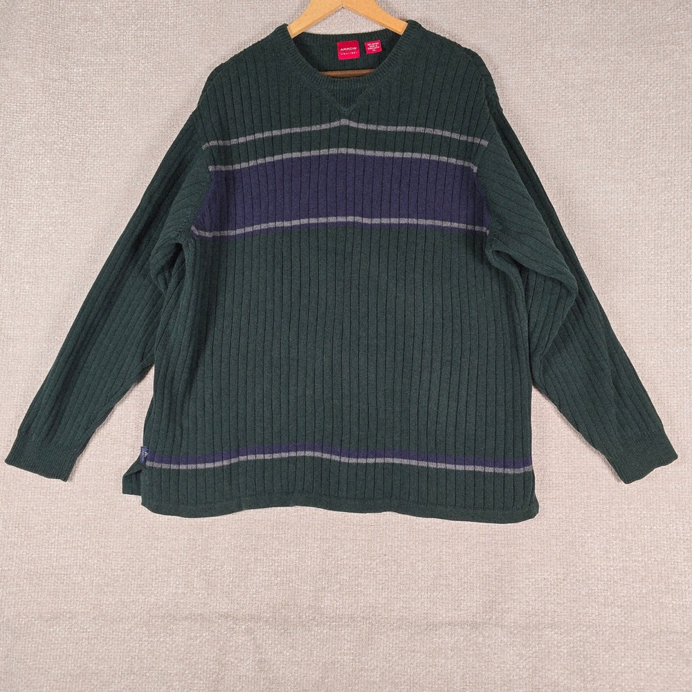 Arrow‎ USA 1851 Mens XL Sweater Hunter Green Ribbed Striped 100% Cotton Crewneck